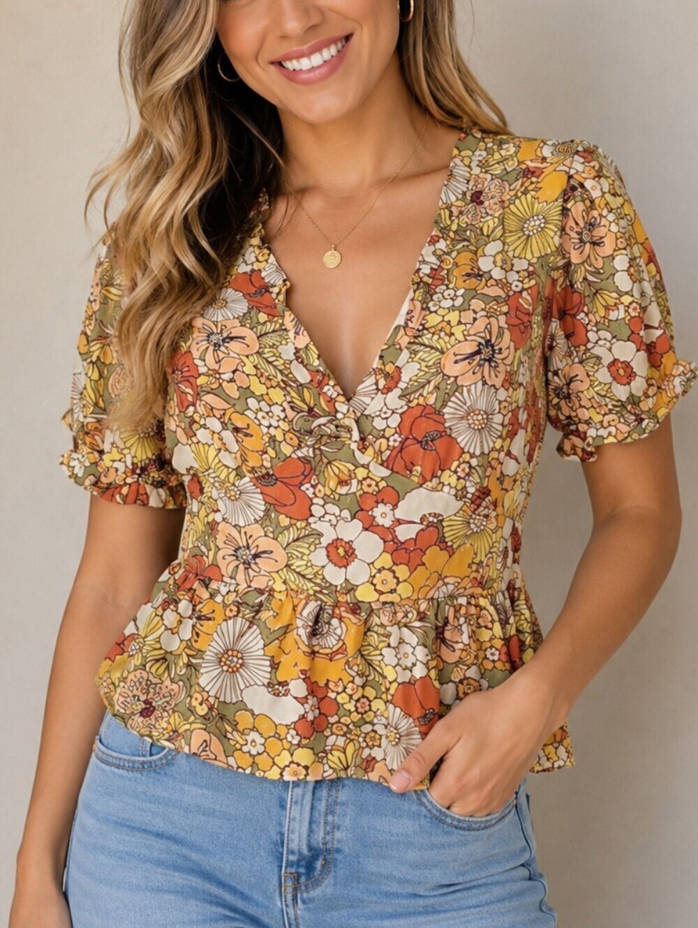 No FRILLS Yellow Floral Ruffle Peplum Puff Sleeve Castlecore Mod Blouse